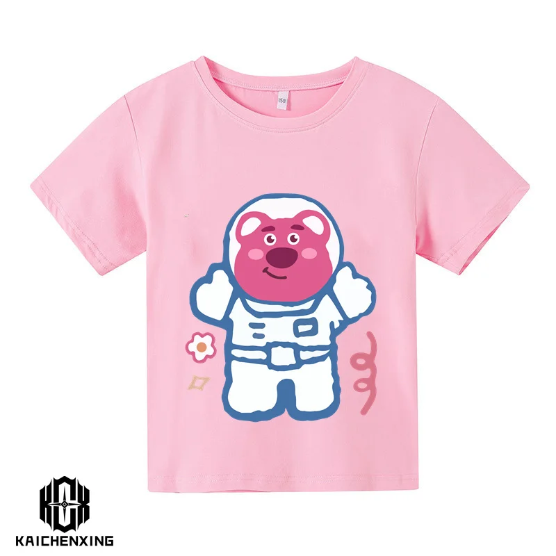 

Hot Selling Cartoon Lotso Color Block Cute Children's T-shirt Summer New Short Sleeve Cotton Children's Strawberry Bear T-shirt