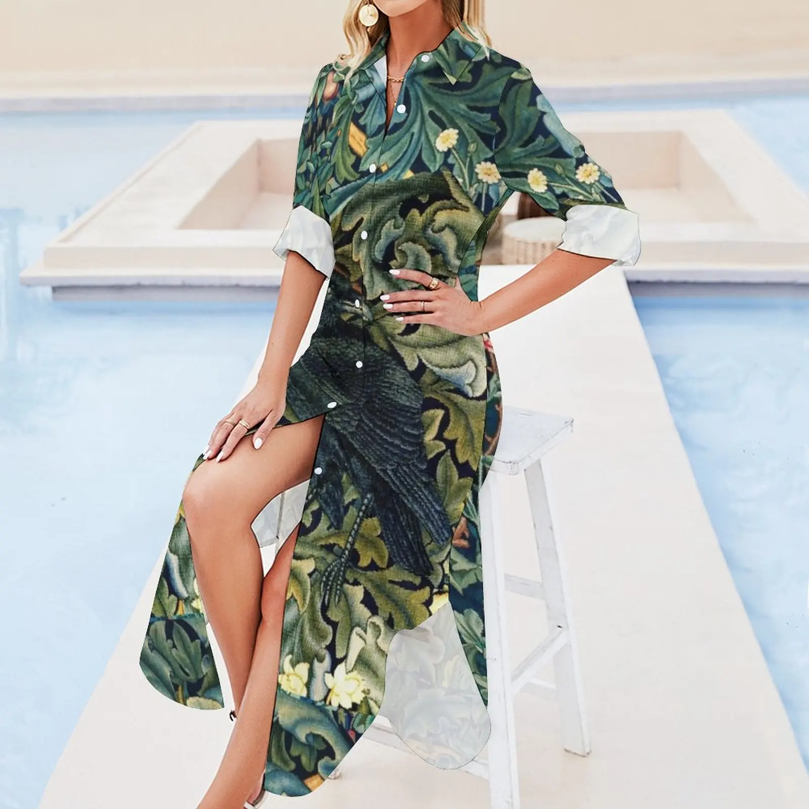 Зелень Животные леса Ворон на акантусе листья синего зеленого цветов рубашка с