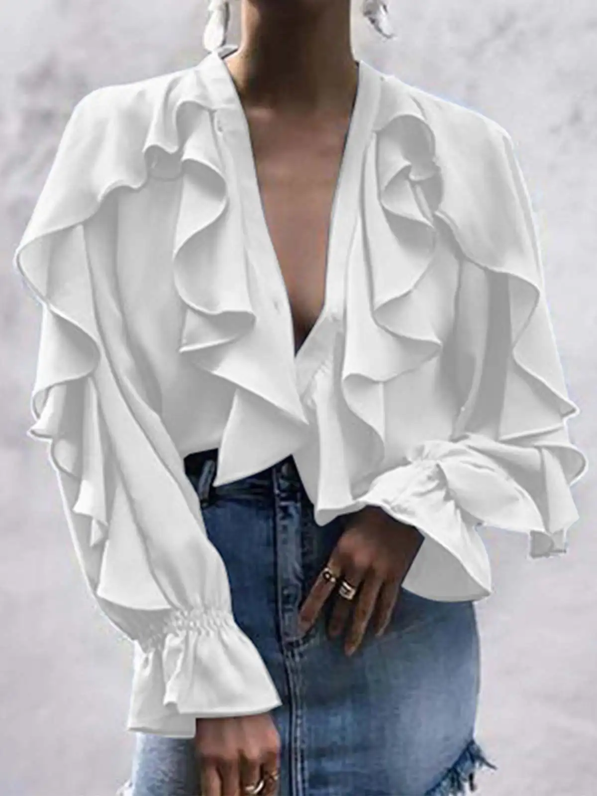 

Casual Summer Tops Celmia Elegant Blouses 2023 Party Blusas Women Ruffled Fashion Sexy V neck Long Sleeve Buttons Shirt Feminina