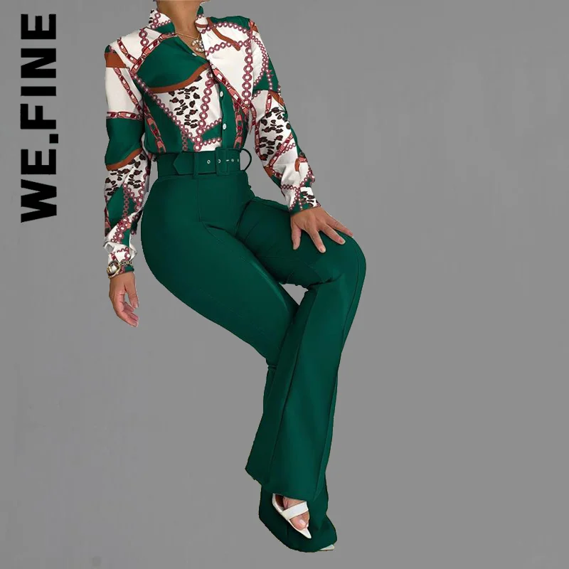 

We.Fine Autumn Trend Casual Leaf Print Buttoned Shirt High Waist Pants Sst Two Pieces Set Women Tracksuit Office Clothes