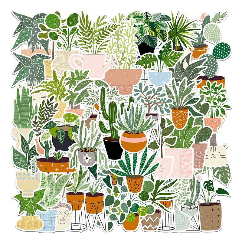 

44Pcs Cartoon Green Plants Potted Plant Graffiti Sticker Luggage Tablet Car Creative Stickers Wholesale Kids Children Toys Gift