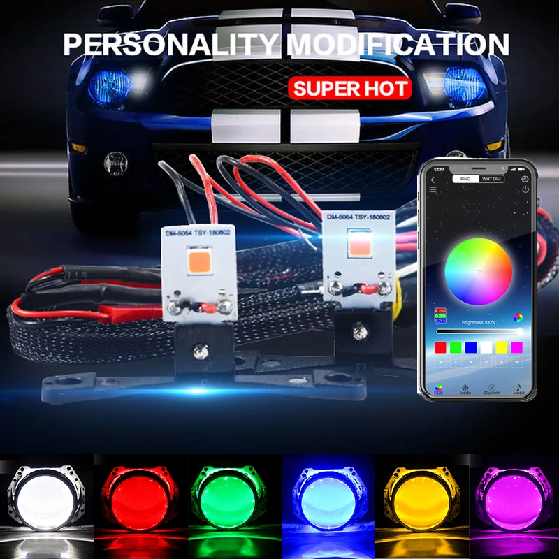 Car DRL LED Evil Eyes Bluetooth-compatible APP RGB Headlights Projector Lens Accessories ​For Headlight Projector Lens Retrofit