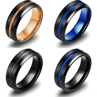 fashion 8mm mens black stainless steel ring gold blue groove beveled edge engagement ring for men wedding anniversary jewelry