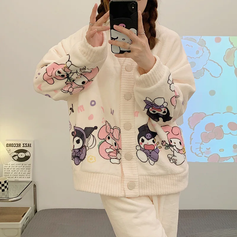 Women's Sweet Winter Flannel Warm V-Neck Cardigan Home Suit Cartoon Sleepwear Coral Fleece Thicken Tops Pants Soft Pajamas Sets