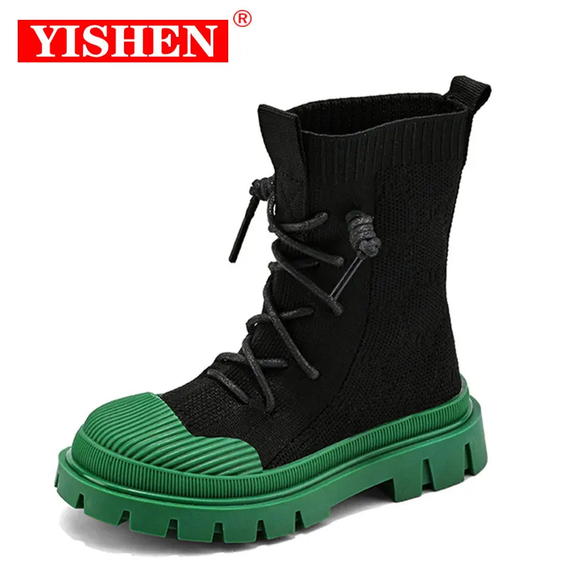 YISHEN Girls Boots Socks Shoes Lace Up Children's Boots Breathable Elastic Flying Knitting Chunky Shoes Fashion Boots For Kids