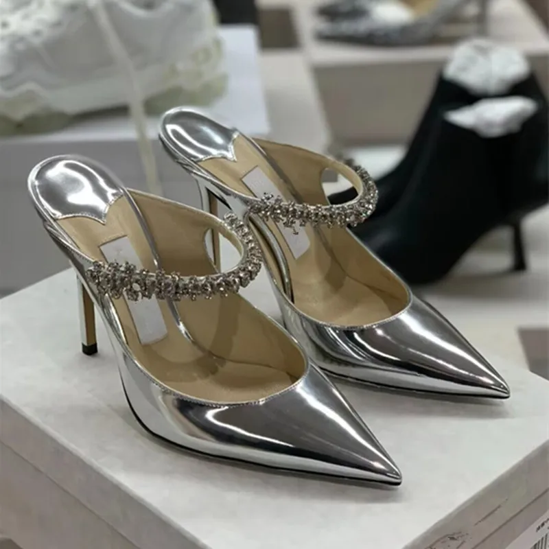 

Spring and summer new high-heeled shoes Muller shoes pointed rhinestone chain fashion banquet Baotou stiletto ladies sandals