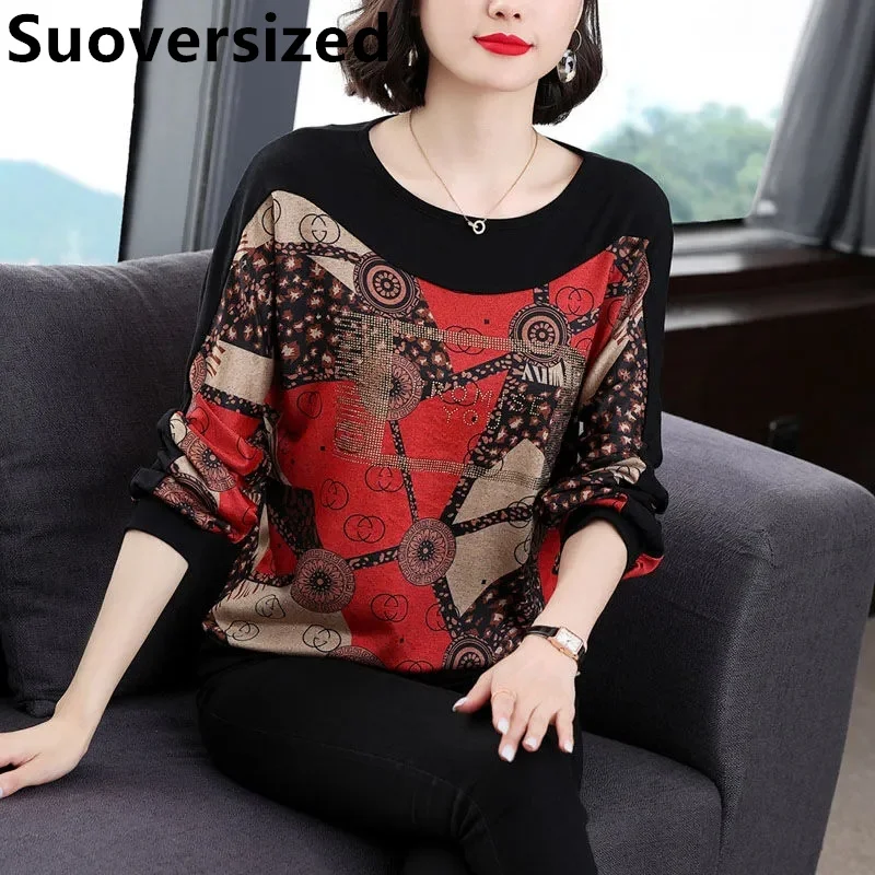 

Spring Fall Women's Oversized Spliced T Shirts New Chic Elegant Mom's Bottomed Tops Vintage Loose Casual Long Sleeve Pullover