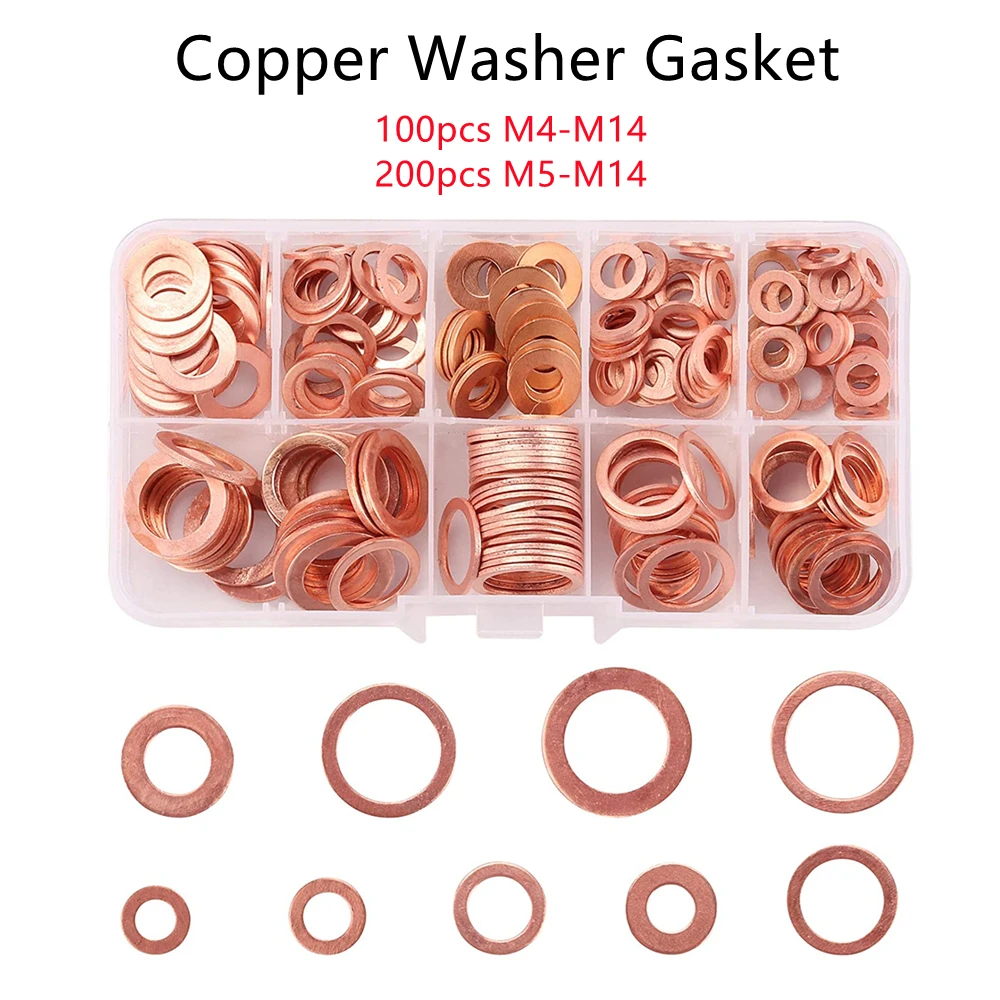 

100/200Pcs Copper Washer Gasket Nut And Bolt Set Flat Ring Seal Fastener Assortment Kit M4/M5/M6/M8/M10/M12/M14 For Sump Plugs