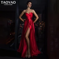 charming red evening dresses sexy sweetheart sleeveless pleat high slit party gown satin prom dresses for women robes de soir%c3%a9e