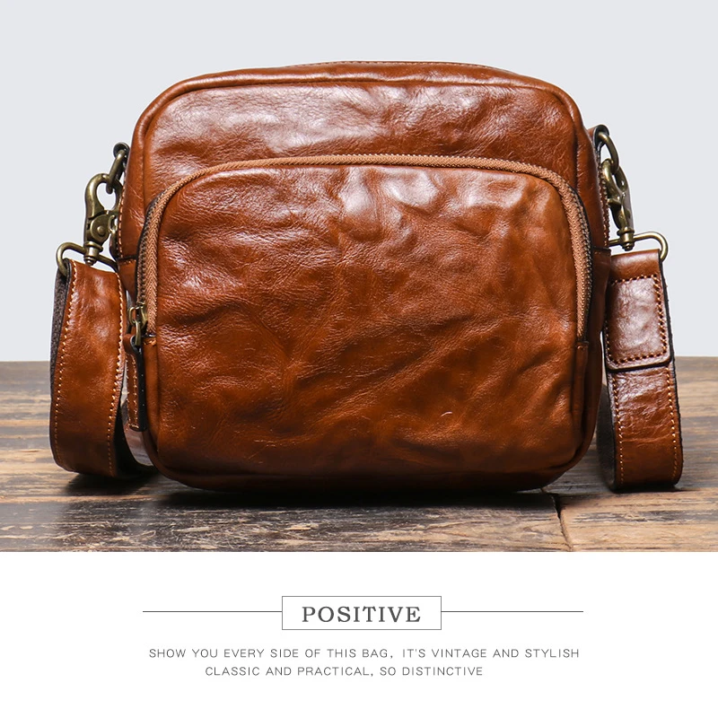 Vintage Men's Pleated leather shoulder bag Crossbody  bag Belt Leather Waist bag  30117