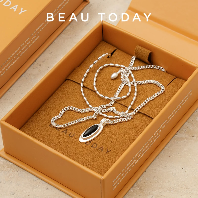 

BEAUTODAY Necklaces Women 925 Silver 18K White Gold Natural Black Agate Black Oval Pendant Ladies Accessories Handmade 93055