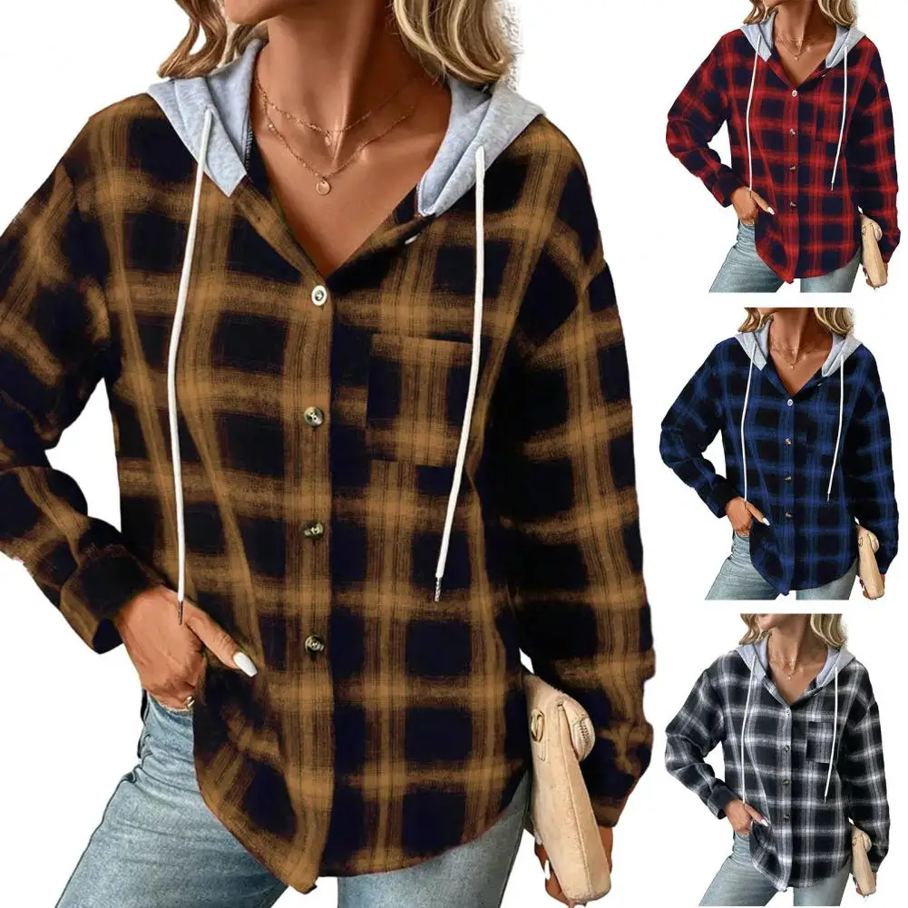

Long Sleeve Hoodie Coat Stylish Plaid Hoodie Coats for Women Single Breasted Drawstring Patch Pocket Design for Autumn Winter