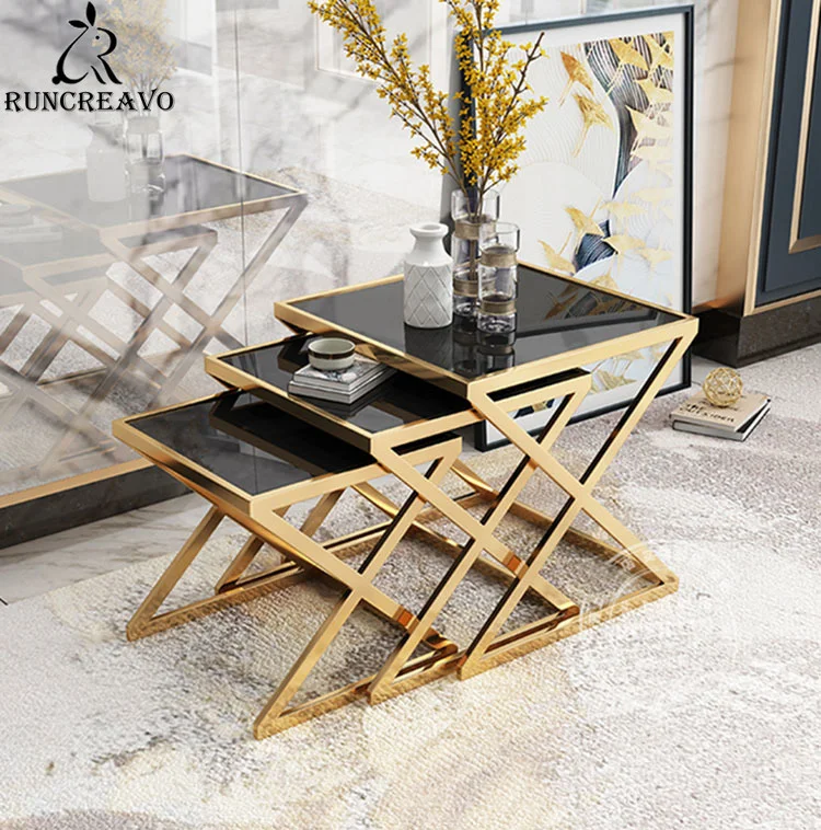 

Luxury 3 Set Coffee Table Sofa Side Table Corner Table Living Room Furniture Tempered Glass Stainless Steel Small Square Table