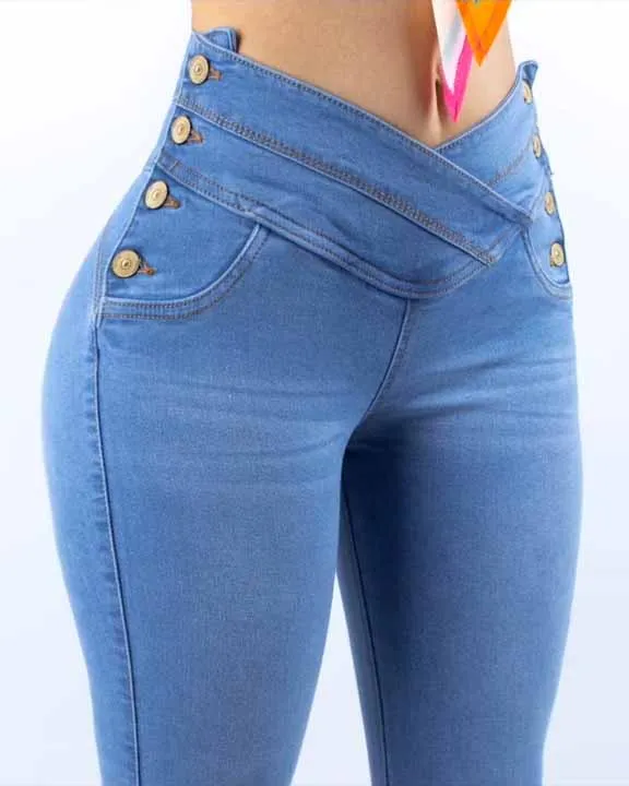 

Sexy Low Cross Waist Skinny Stretchy Butt Lifting Women Pencil Jeans Classic Casual for Autumn with Buttons Denim Pants