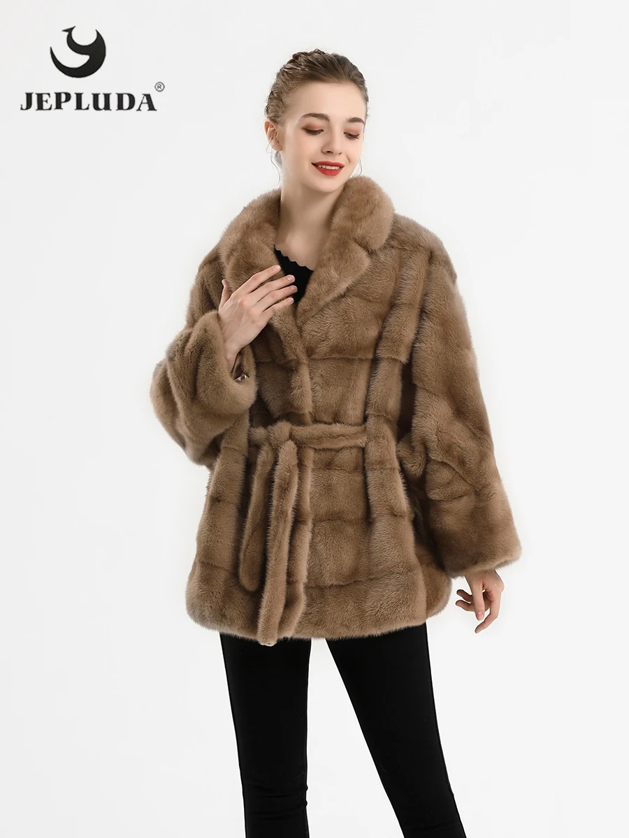 

JEPLUDA Loose Bat Style Winter Jacket For Women Turn-down Collar High Quality Full Pelt Natural Female Mink Real Fur Coat Women