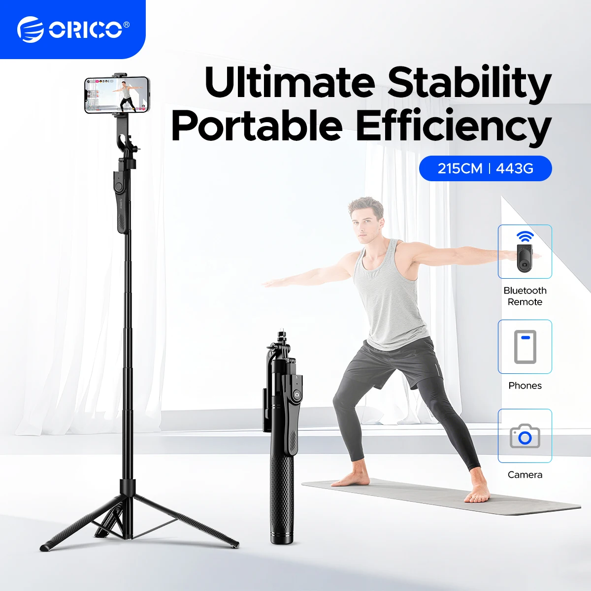 Фото ORICO 2.15м алюминиевый штатив-монопод для селфи с Bluetooth-пультом 360° °   Поворотный держатель для камеры мобильного телефона iPhone для прямой трансляции и путешествий №1