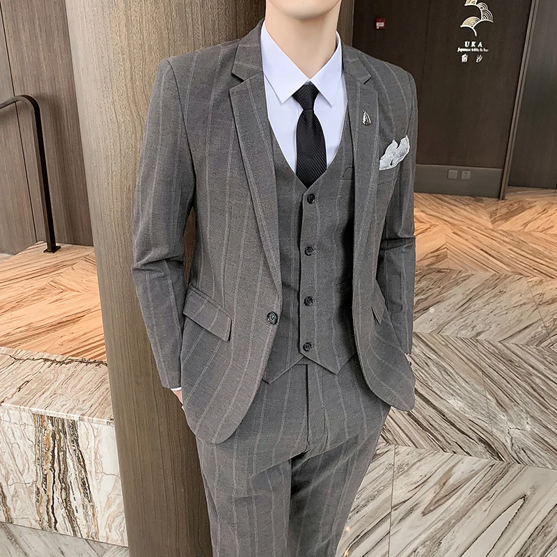 

(Jacket+Vest+Pants) Men Striped Suit Three-Piece Wedding Suits Men Slim Banquet Formal Wear Tuxedo Business Casual Men Clothing