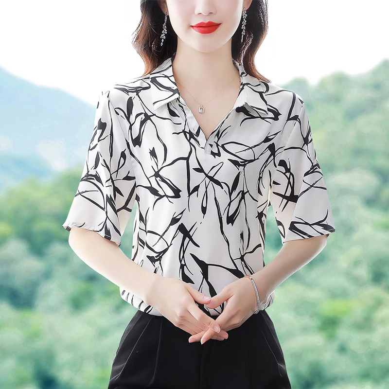 

2023 Summer New Fashion Satin V-neck Fashion Pullover Shirt Temperament Loose Nail Button Print Short-sleeved Chiffon Shirt