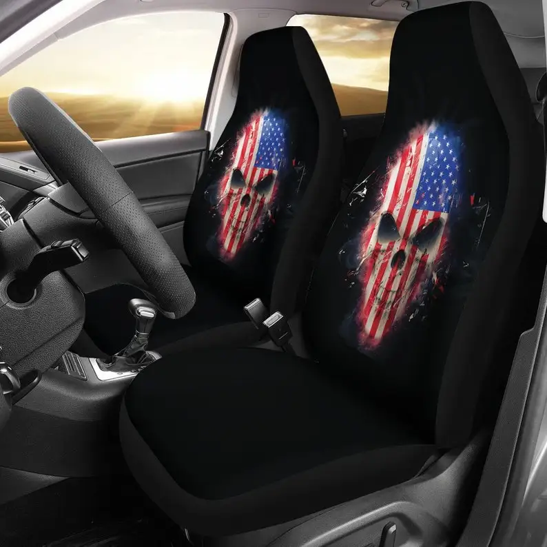 

American Flag USA Skull Car Seat Covers Pair, 2 Front Car Seat Covers, Seat Cover for Car, Car Seat Protector, Car Accessory