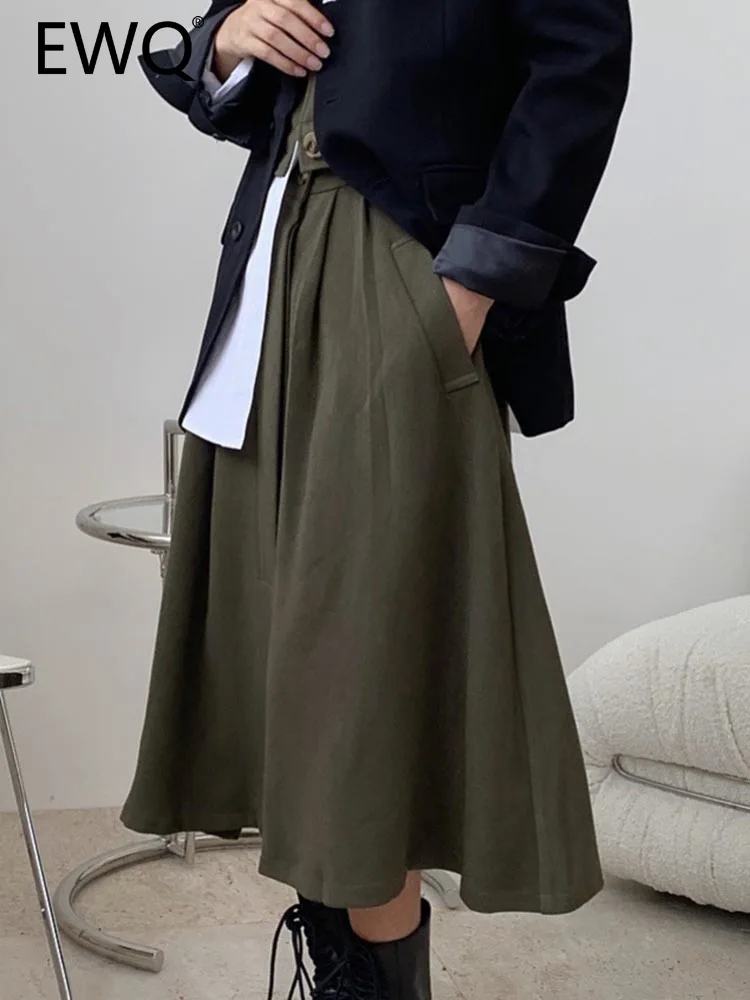 

EWQ Button Split Skirt For Women Solid Color A-line High Waist Pockets Loose Mid-length Skirt 2023 Spring New Clothing 26D963