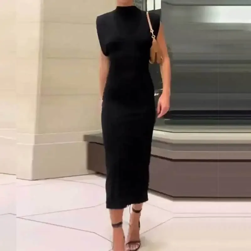 

Модные черные облегающие платья миди с круглым вырезом для женщин 2023 сексуальное облегающее платье без рукавов с разрезом сзади элегантная женская уличная одежда