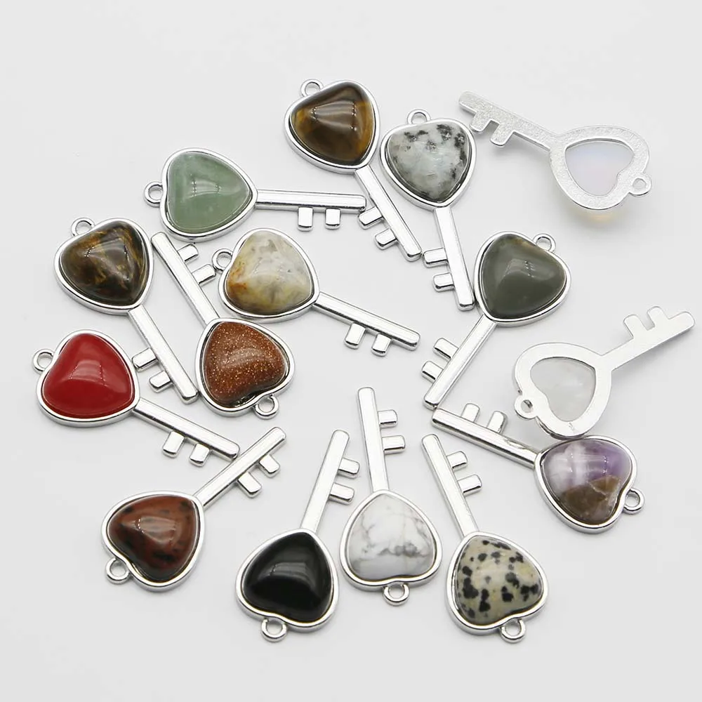 Selling Natural Stone Heart Crystal Agate Key Pendants Opal Stainless Steel Necklace Fashion Jewelry Accessories Wholesale 10Pcs