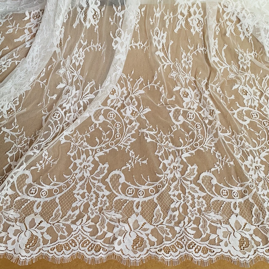 

Off white, Black Outdoor Bride's Elegant Wedding Dress Lace Fabric French Lace Chantilly Lace with Eyelash 1.5x3M per Piece