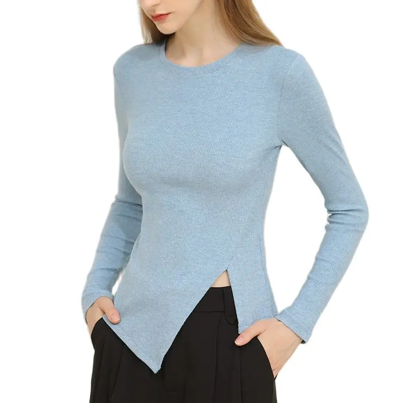 

Женская Асимметричная футболка с длинным рукавом, голубая однотонная Повседневная облегающая футболка с разрезом, 2023