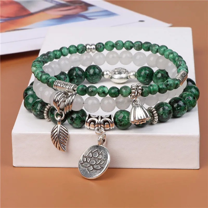 Браслет с бусинами из натурального зеленого гранита модный браслет подвеской в