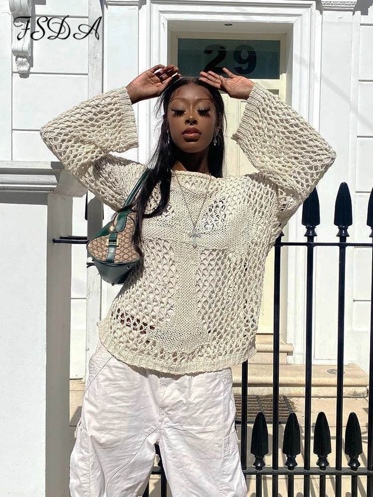 FSDA 2022 O Neck Hollow Out Long Sleeve T Shirts Oversized Summer See Through Black Y2K Vintage Sexy Tops Knitted Beach 90s