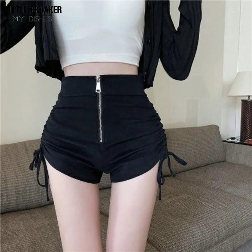 

2022 summer style design niche high waist slim pleated drawstring shorts all-match solid color tight casual pants women