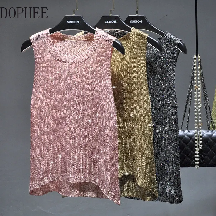 

2023 New Spring Summer Sequins Bright Silk Simplicity O-neck Pullover Top All-match Sleeveless Tank Tops Women Knitting Camisole