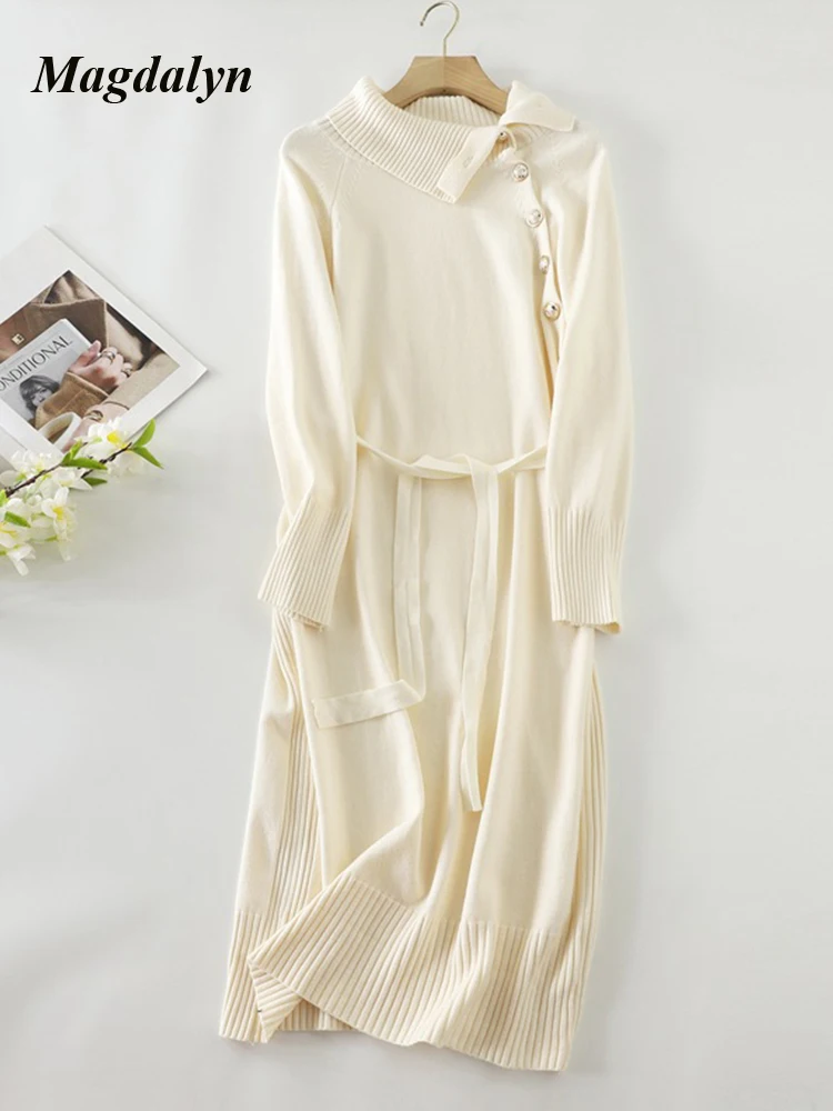 Magdalyn женское трикотажное осеннее длинное платье средней длины на пуговицах