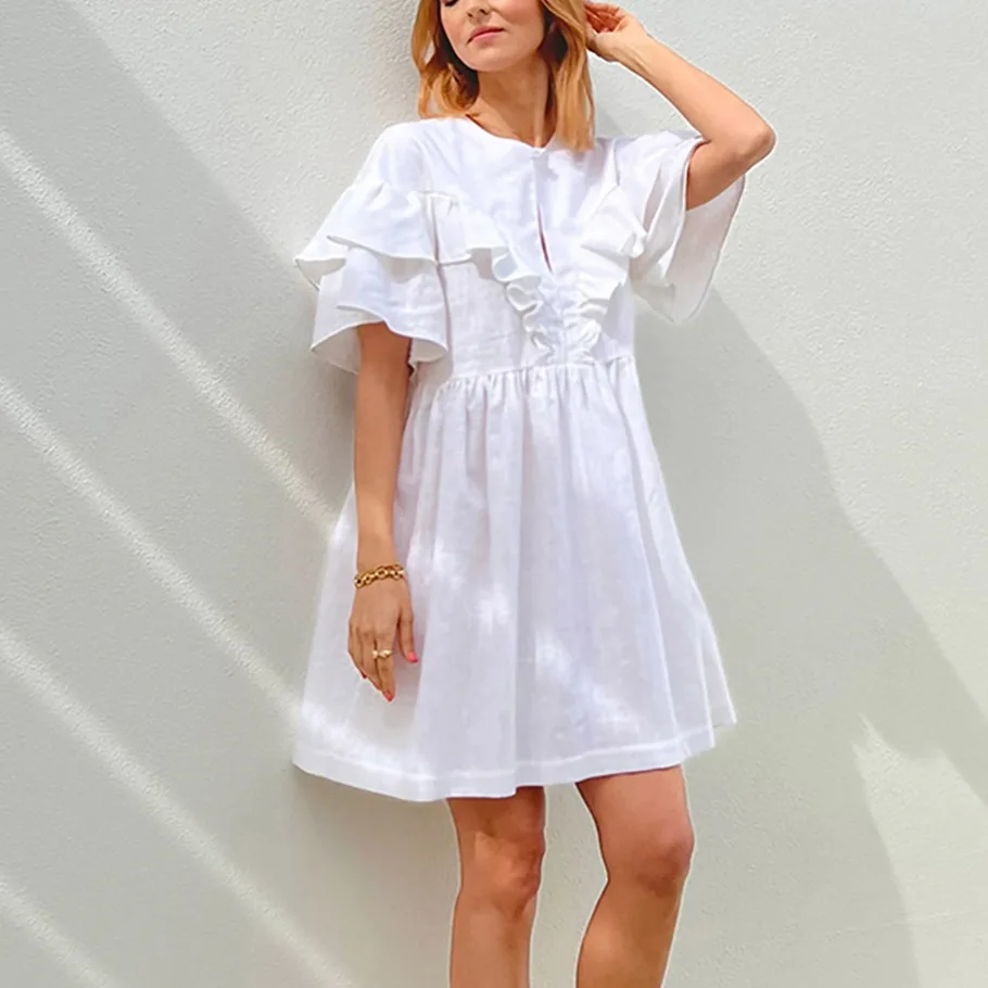 

Summer New Dresses Round Neck High Waist Short Sleeve Hollow Fungus Skirt Women's Korean Version Casual Sexy Retro A-line Skirt