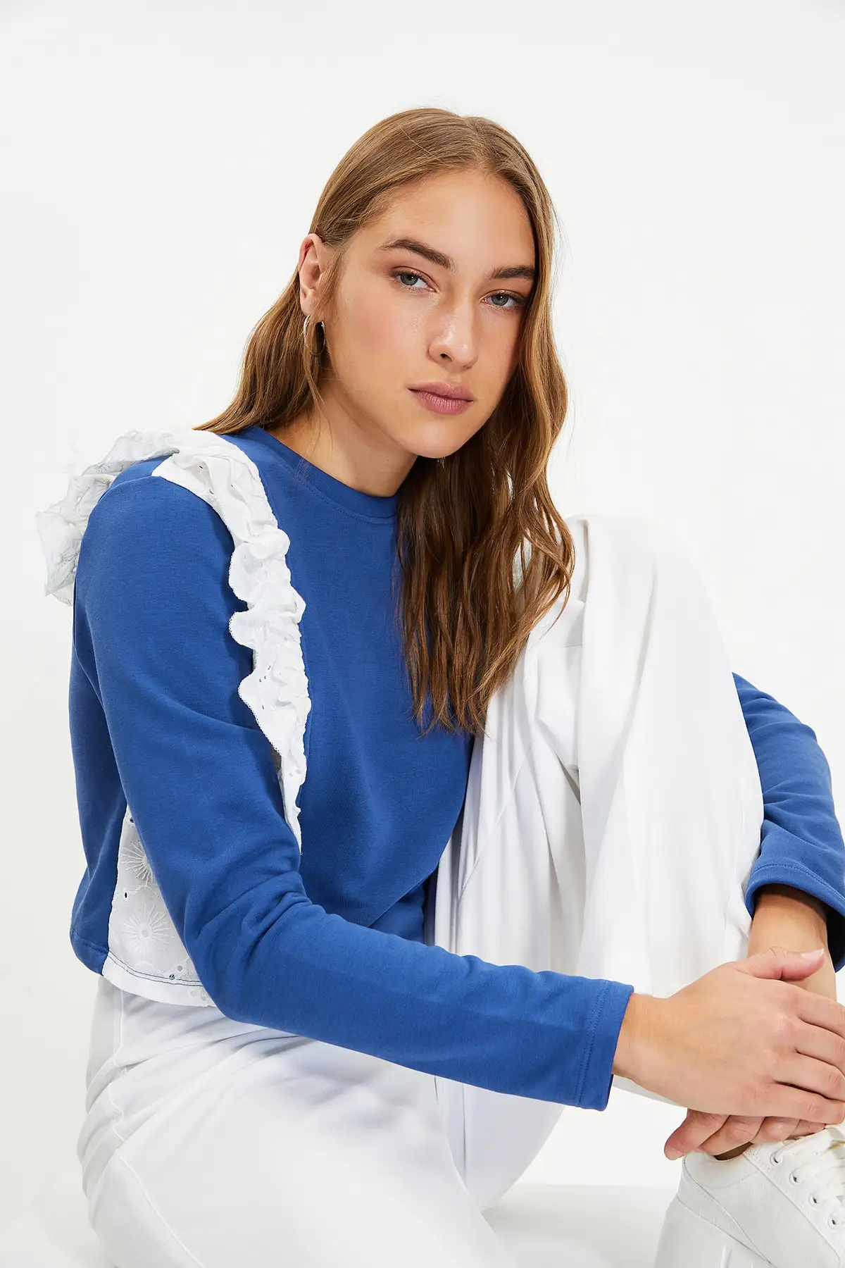 

Women's Sweatshirt Indigo Brode Detailed Basic Knitted Thin Hoodies Fashion All Season New Pullovers Fleece Fleece