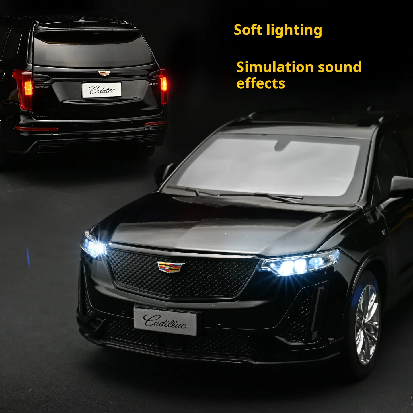 Фото Масштабная модель внедорожника Cadillac XT6 1:24, официально лицензированная, изысканная, из сплава, с функцией отката назад, для декора и игр №1