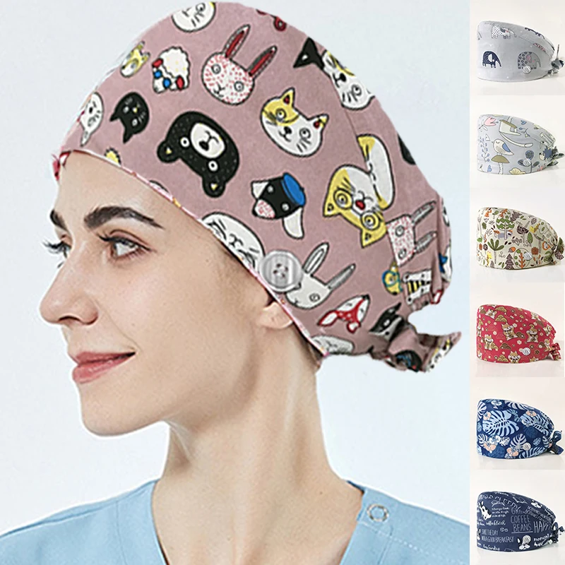 

Cute Cartoon Print Nurse Cap Women Surgical Scrub Cap Pet Hospital Surgeon Dentist Hat Beauty Salon Chef Breathable Workwear