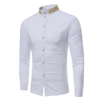 new fashion casual personality wheat embroidery stand collar shirt autumn and winter new mens long sleeved shirt mens clothing