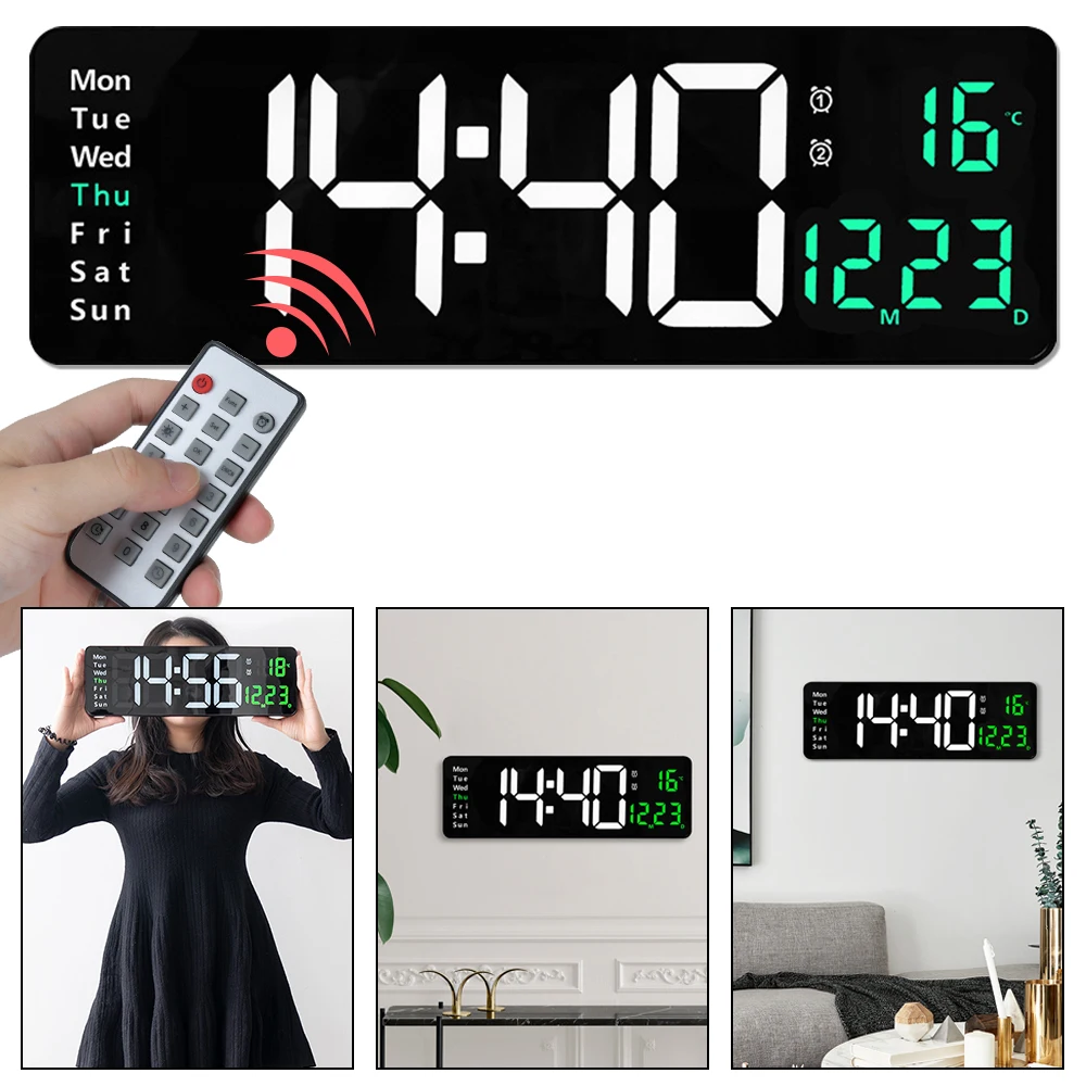 

Large LED Wall Clock Table Clock Remote Control Dual Alarms Digital Clocks Wall-mounted Silent Temp Date Power Off Memory