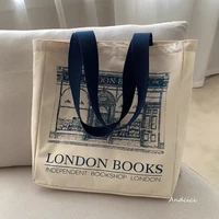 women canvas shoulder bag london books print ladies casual handbag tote bag reusable large capacity cotton shopping beach bag