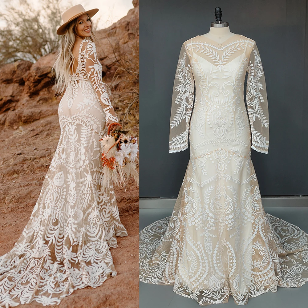 High Slit Beach V Neck Destination Wedding Dress Two Piece Lace Robe Long Sleeves Illusion Boho Elopement Mermaid Bridal Gown