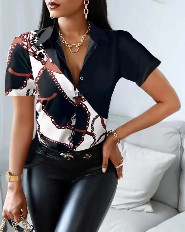 

Женская винтажная блузка с коротким рукавом, V-образным вырезом и принтом, 19 цветов