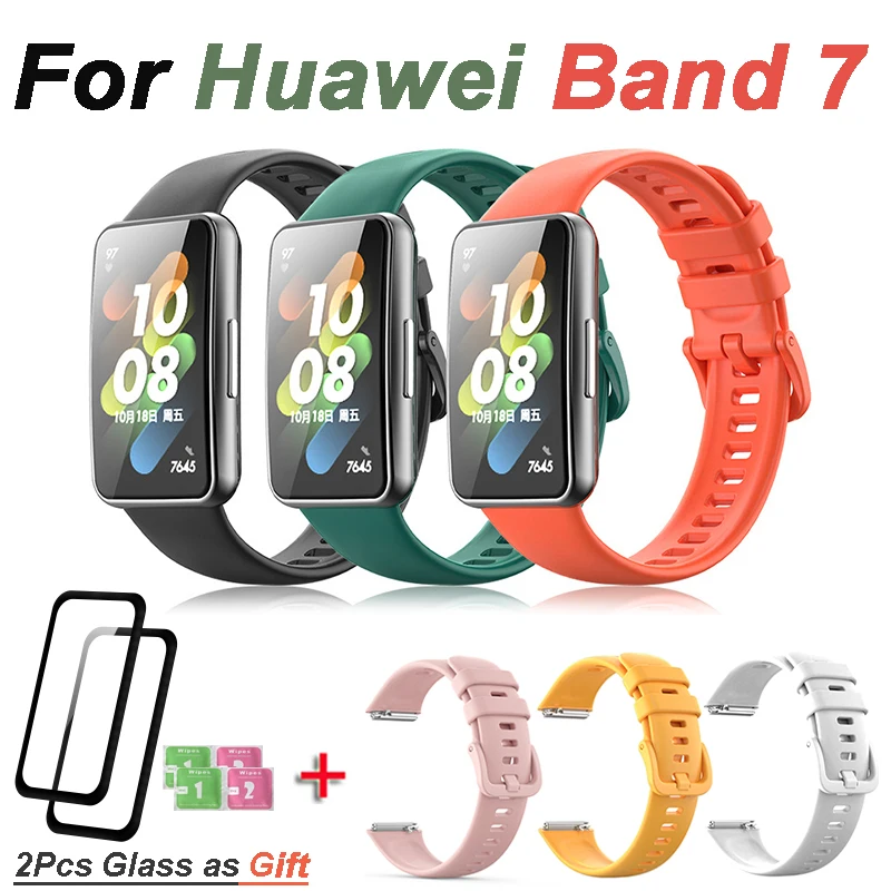 

Ремешок силиконовый для Huawei Band 7, мягкий спортивный Воздухопроницаемый браслет для наручных часов, аксессуары (стекло в подарок)