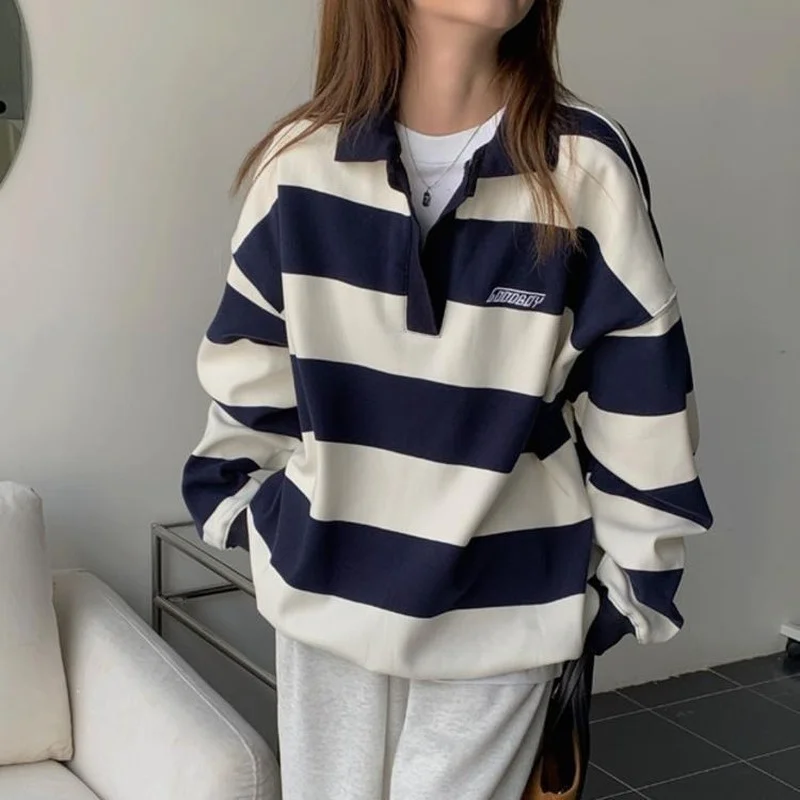 

Deeptown Vintage Women Striped Sweatshirts Korean Style Harajuku Preppy Casual Female V Neck Polo Pullovers Streetwear Loose BF