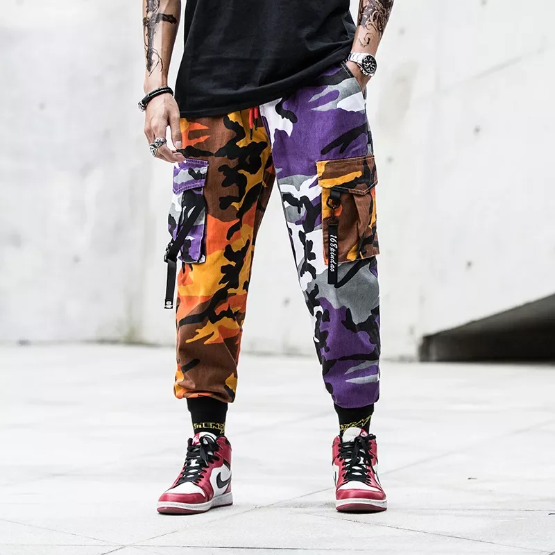 

2023NEW Harem Jogger Pants Men Camouflage Side-Pocket Ribbons Mens Joggers Cotton Ankle-length Cargo Pans Man