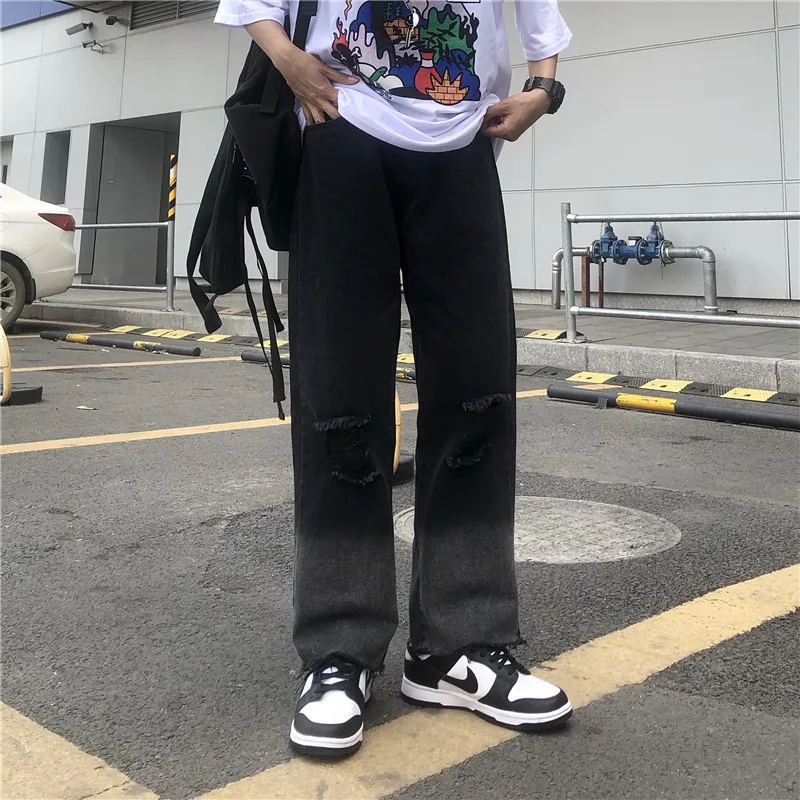 Spring and Summer New Style Korean Jeans Men's Retro Nine-point Straight Torn Wide-leg Pants Streetwear Men's джинсы для мужчин