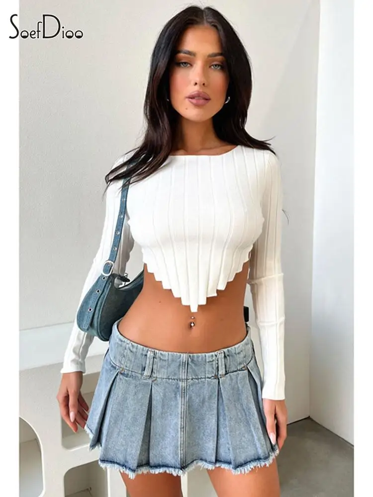 

Soefdioo Fashion Knitted Ribbed O-Neck Long Sleeve Irregular Crop Sweater Pullovers Women 2023 New Autumn Y2K Tops Streetwear
