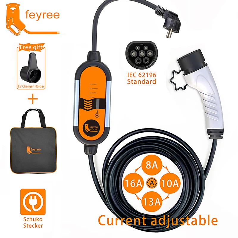 Портативное зарядное устройство для электромобилей feyree, 16 А, тип 1 j1772, зарядный кабель типа 2, шнур IEC62196, штепсельная вилка Schuko, зарядная станция для электромобиля