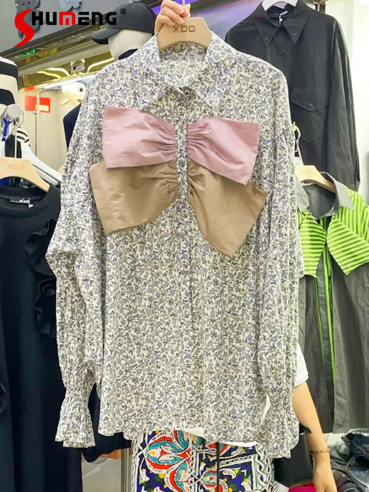 

French Style High-Grade Floral Shirts for Women 2022 Early Autumn Loose Bowknot Loose Split Long Sleeve Slimming Blouse Women