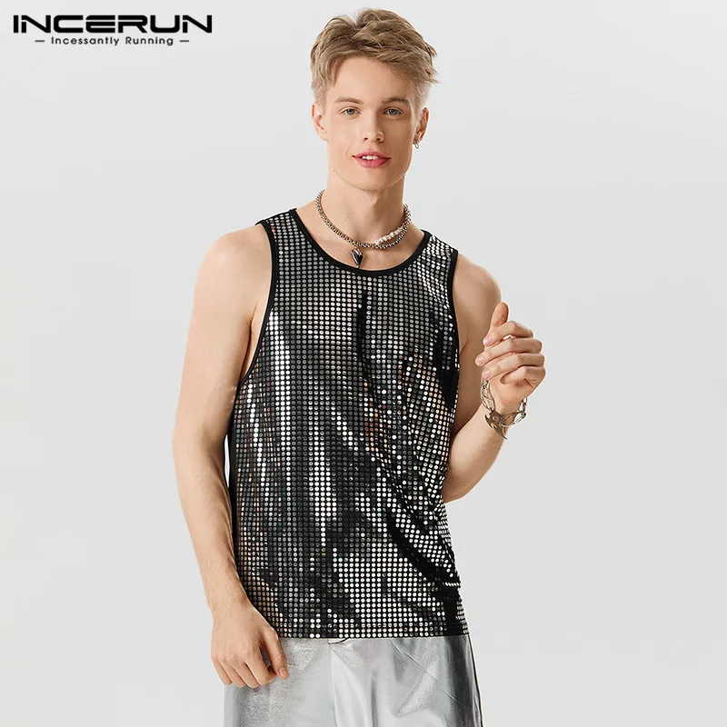 

Fashion Casual Style Tops INCERUN New Men Sequin Glitter Fabric Vests Stylish Clubwear Male All-match Sleeveless Tank Tops S-5XL
